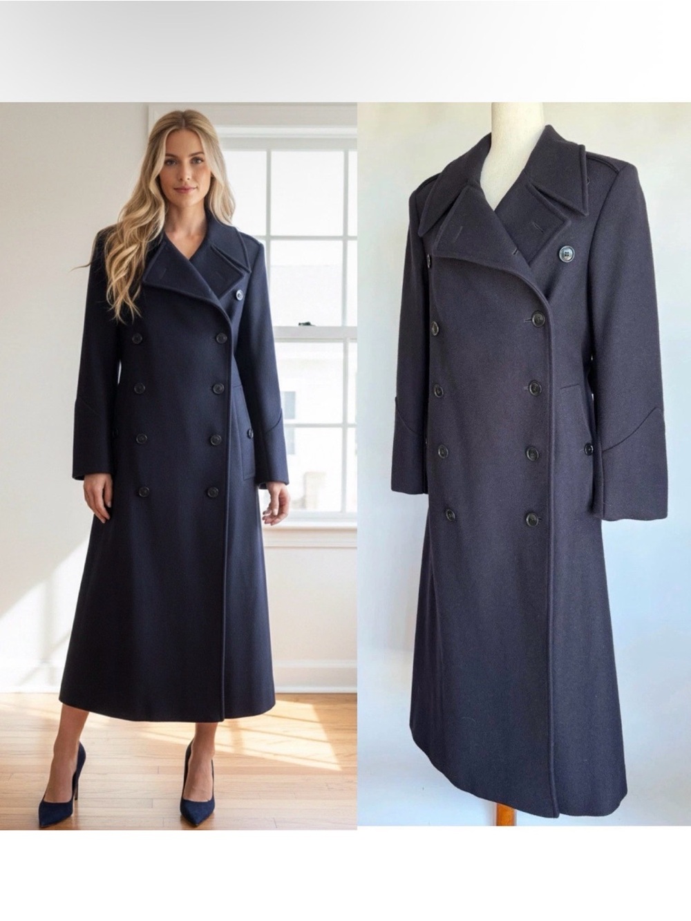 J Peterman Women’s Bobby Coat Long Peacoat Overcoat Wool Size 32 M Navy